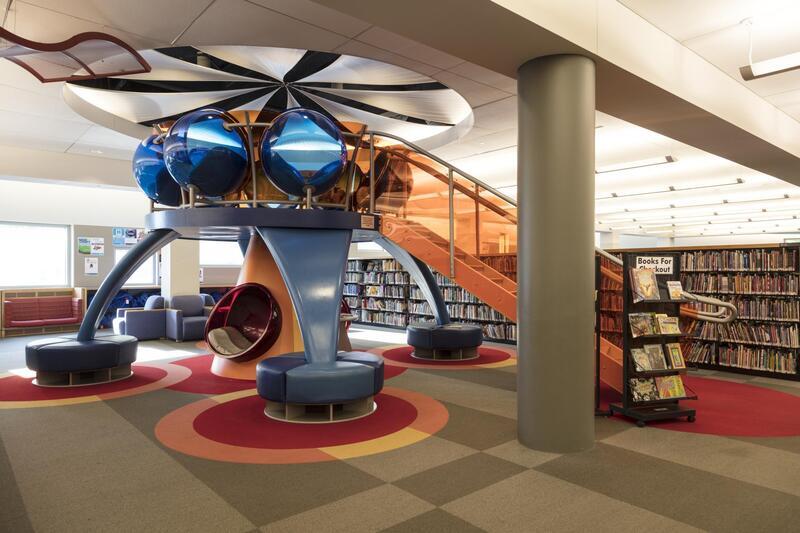 digitized image of Modernist stairway and bookstacks inside the Allen County Public Library in Fort Wayne, Indiana