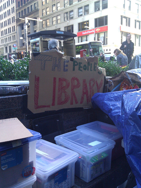 digitized image of The People's Library set up by the Occupy Wall Street protest movement in Zuccotti Park, New York City