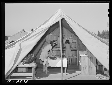 digitized image of Library tent at the FSA (Farm Security Administration) mobile camp for migratory farm workers. Odell, Oregon. The girls working in the library receive credit in the Junior Campers League for work in the library