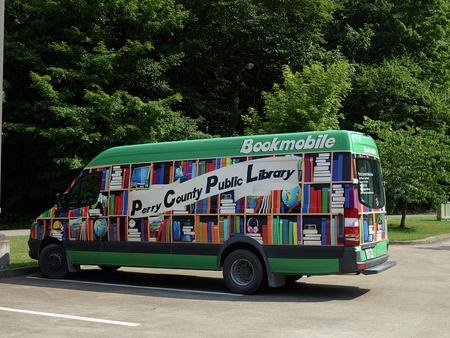 digitized image of An appropriately decorated "Bookmobile" bus belonging to the Perry County Public Library in Hazard, a coal town of 4,500 or so population in the hills of southeastern Kentucky