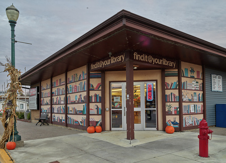 digitized image of The public library, with a creative book-themed facade, in the small city of Houston, Minnesota