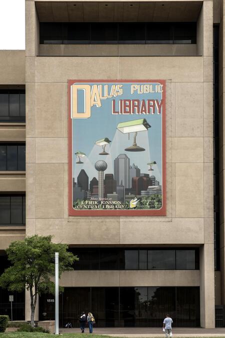 digitized image of The easily identifiable (thanks to its huge artistic sign) downtown J. Erik Jonsson Central Library, across from City Hall