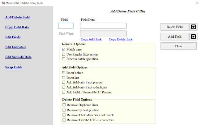 MarcEdit empty Add/Delete Field dialog