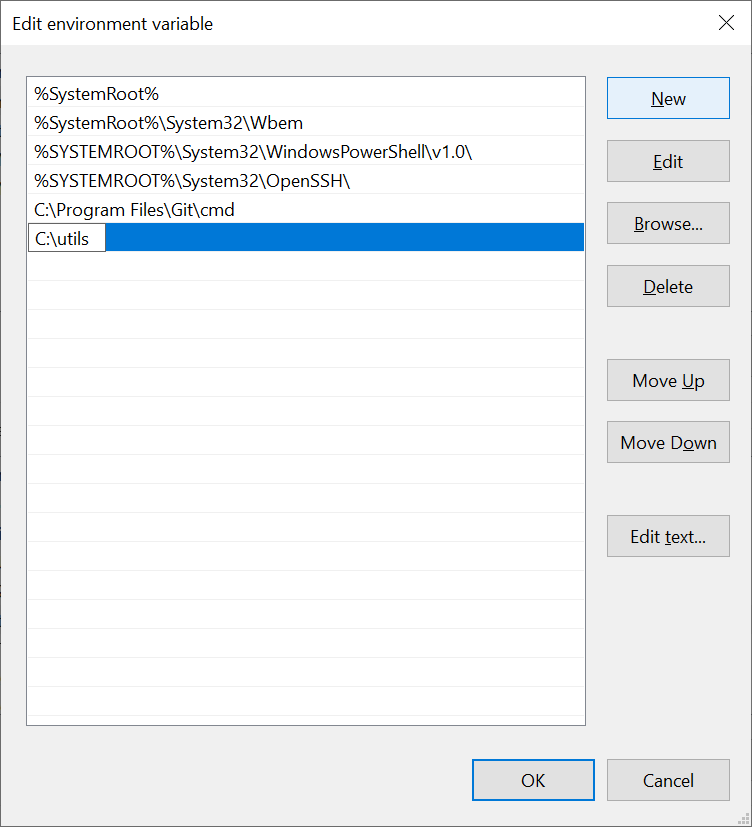 Adding C:\utils to the system Path variable