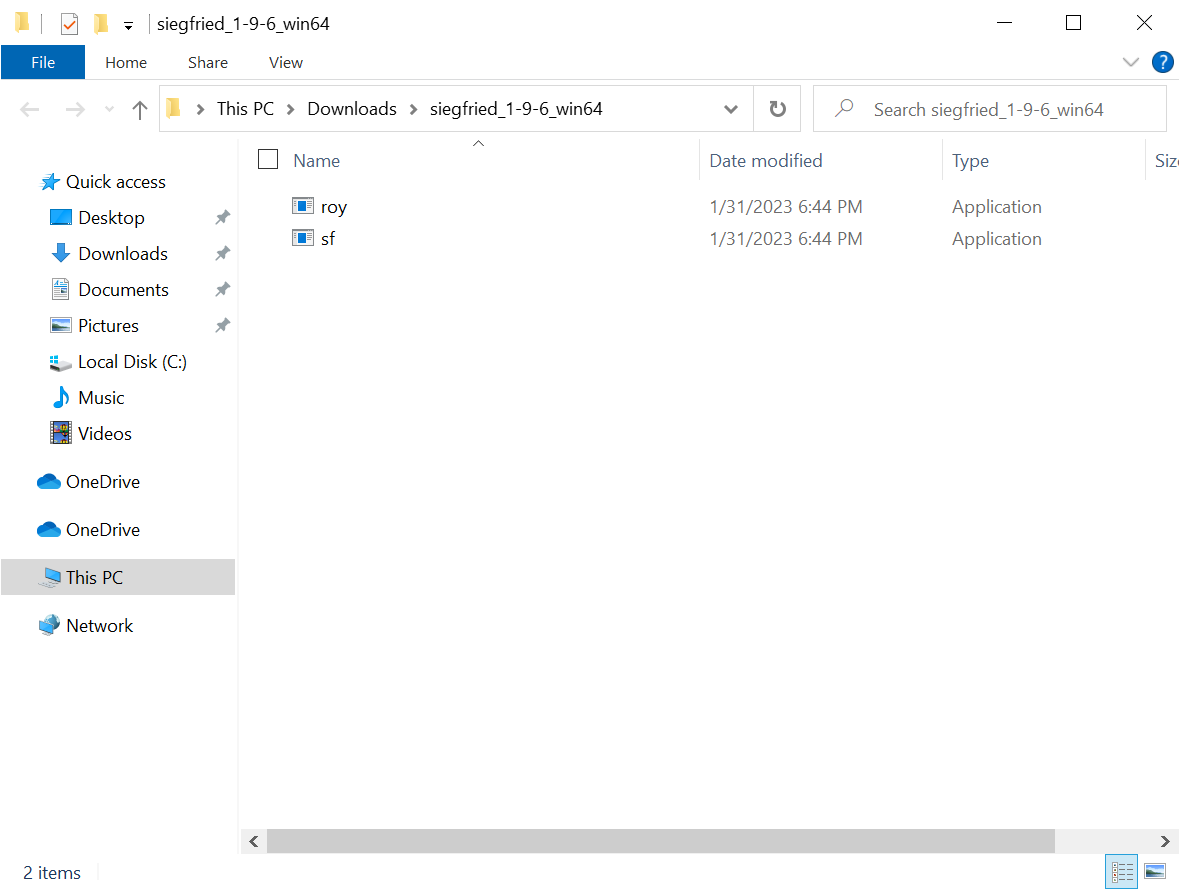 Unzipped Siegfried folder showing sf and roy files