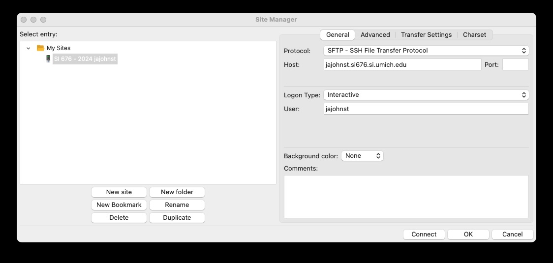 Filezilla Site Manager window