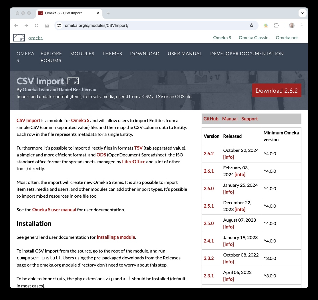 The CSVImport Module displayed in the Omeka S Module Registry