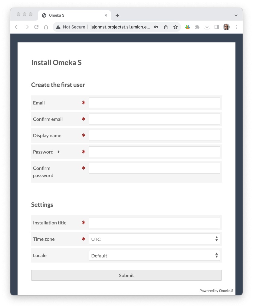 Install Omeka S - first user