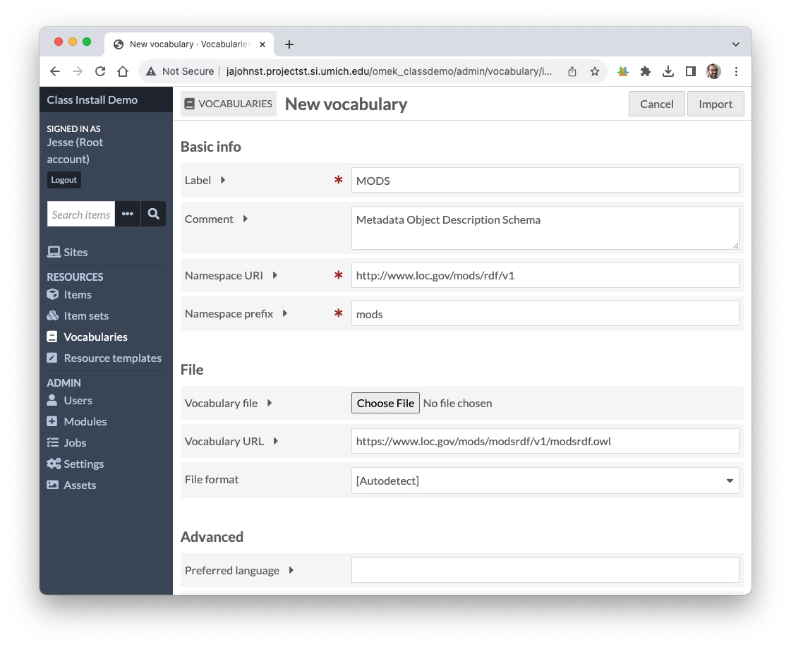 Omeka S New Vocabulary information form, with information entered for the MODS v1 vocabulary