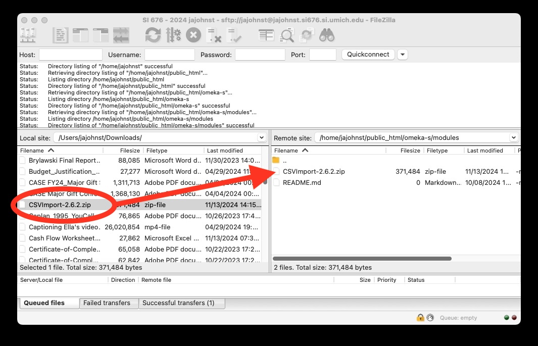 Transferring the downloaded zip file to the modules directory on the server with Filezilla